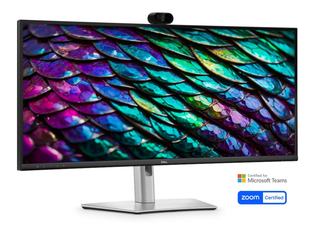 Dell P3426WEB, 34" извит конферентен монитор, IPS Anti-Glare, 5ms, 100 Hz, 1500:1, 300 cd/m2, WQHD 3440x1440, 99% sRGB, HDMI, DisplayPort, USB-C хъб, RJ45, уебкамера, микрофон, високоговорители, KVM превключвател, PD 90W, регулиране на височината, Pivot, Swivel, Tilt, черен