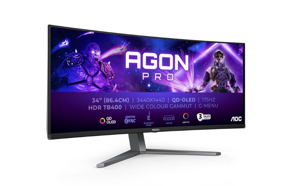 AOC AG346UCD, 34" Извит 1800R QD-OLED монитор, 3440x1440@175Hz, 0.03ms GtG, 1000 cd/m2, 1.5M:1, 80M:1 DCR, Adaptive Sync, FlickerFree, Low Blue Light, 8Wx2, Tilt, Height Adjust, Swivel, 2xHDMI, DP, USB hub