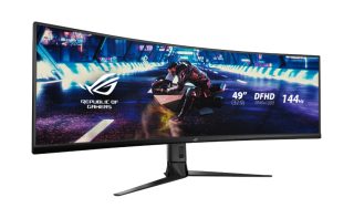 Asus ROG STRIX Curved XG49VQ, 49" DFHD (3840x1080) Gaming монитор, VA, до 144Hz, 125% sRGB, DP, HDMI, USB3.0, FreeSync 2 HDR, DisplayHDR400, AuraSync, Червен+Тъмно сив