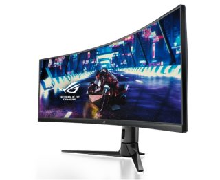 Asus ROG STRIX Curved XG49VQ, 49" DFHD (3840x1080) Gaming монитор, VA, до 144Hz, 125% sRGB, DP, HDMI, USB3.0, FreeSync 2 HDR, DisplayHDR400, AuraSync, Червен+Тъмно сив