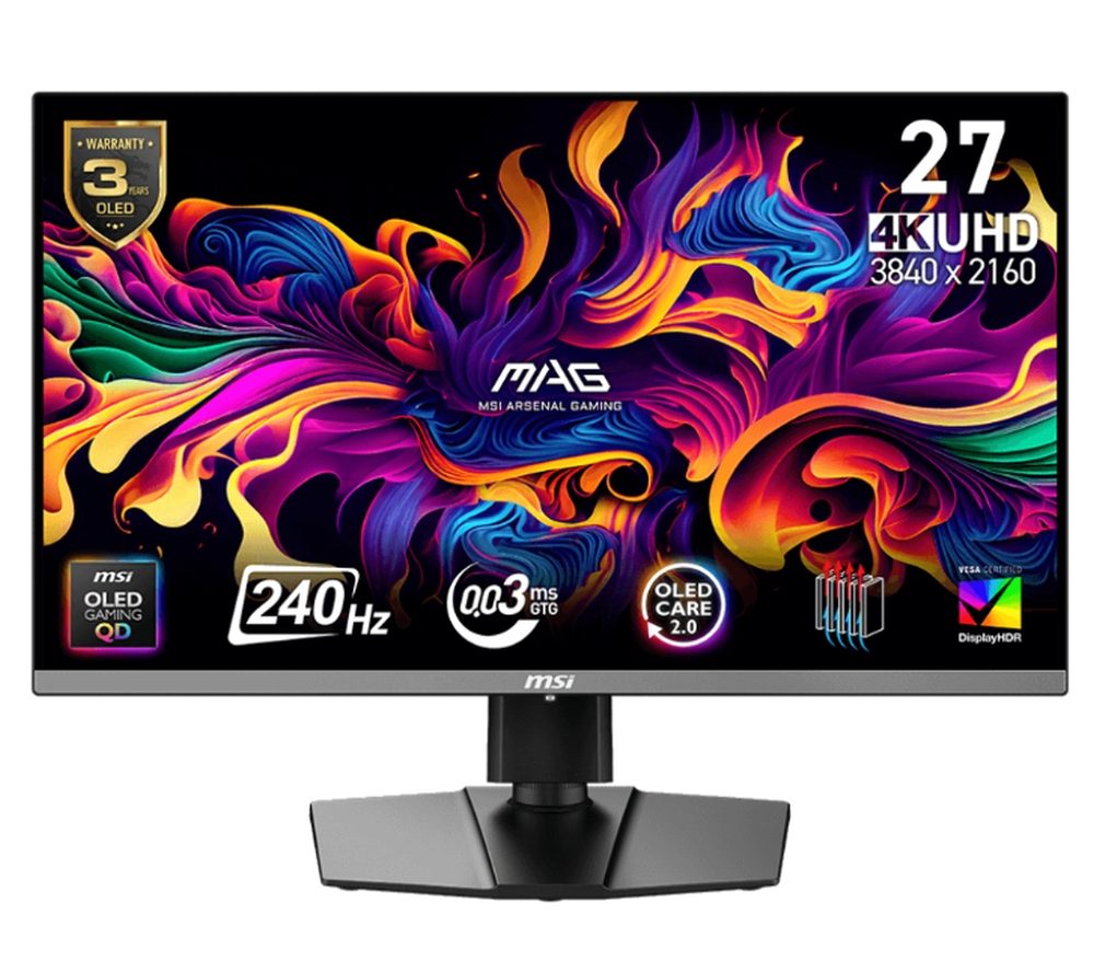 MSI MAG 272UP QD-OLED X24 Gaming Monitor, 26.5", 0.03ms, 240Hz, 3840x2160, G-SYNC, AMD FreeSync Premium Pro, AI Vision, Console Mode, ClearMR 13000, HDR True Black 400, Type-C(15W PD), DP(1.4a), 2xHDMI(2.1), Pivot, Height Adj., VESA 100, Black, 8kg