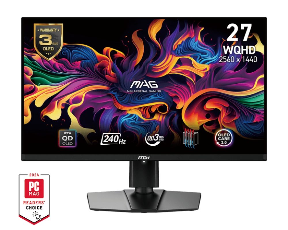 Монитор MSI MAG 271QPX QD-OLED E2, 26.5", 240Hz, 0.03ms, WQHD 2560x1440, FreeSync Premium Pro, Oled Care 2.0, без вентилатор с графен, ClearMR 13000, HDR, 250 нита, 1500000:1, DP, 2x HDMI (2.1), Type-C (DP alt. PD 15W), регулируема стойка 110mm, 9S6-3CD89T-023