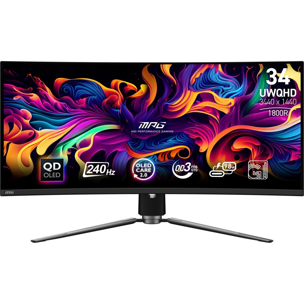 MSI MPG 341CQPX QD-OLED Gaming Monitor, 34", 0.03ms, 240Hz Curve 1800R, 3440x1440, G-SYNC, KVM, AI Vision, Console Mode, ClearMR 13000, HDR True Black 400, Type-C(98W PD), DP(1.4a), 2xHDMI(2.1), USB Hub, Heigh Adj., VESA 100, Black, 8.8kg