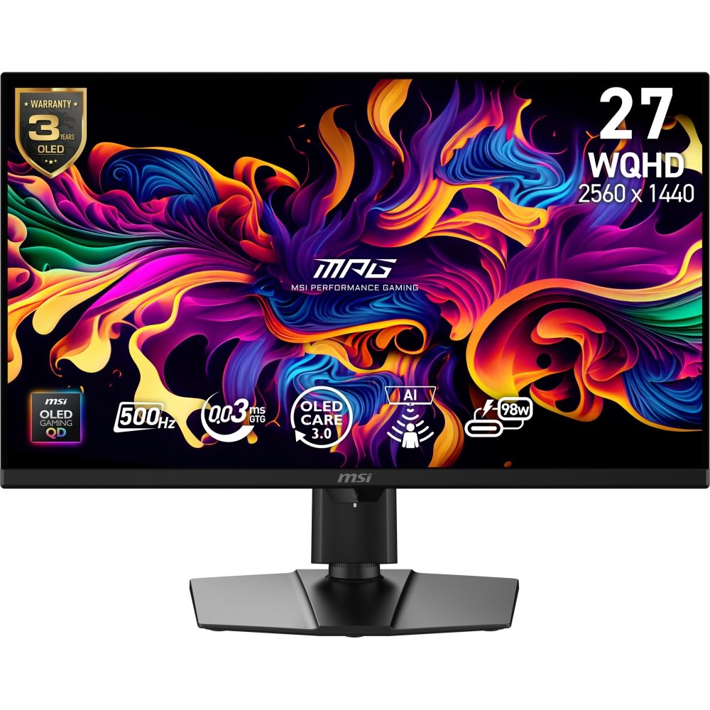 MSI MPG 271QR QD-OLED X50 Gaming Monitor, 26.5", 0.03ms, 500Hz, 2560x1440, G-SYNC, AMD FreeSync Premium Pro, AI Vision, Console Mode, ClearMR 21000, HDR True Black 500, Type-C(98W PD), DP(2.1a), 2xHDMI(2.1), USB Hub, Pivot, Heigh Adj., VESA, Black, 8.4kg