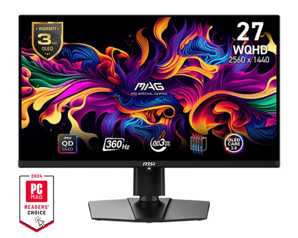 MSI MAG 271QPX QD-OLED гейминг монитор, 26.5", 360Hz, 0.03ms, WQHD 2560x1440, Oled Care 2.0, Fanless Design with Graphene, ClearMR 13000