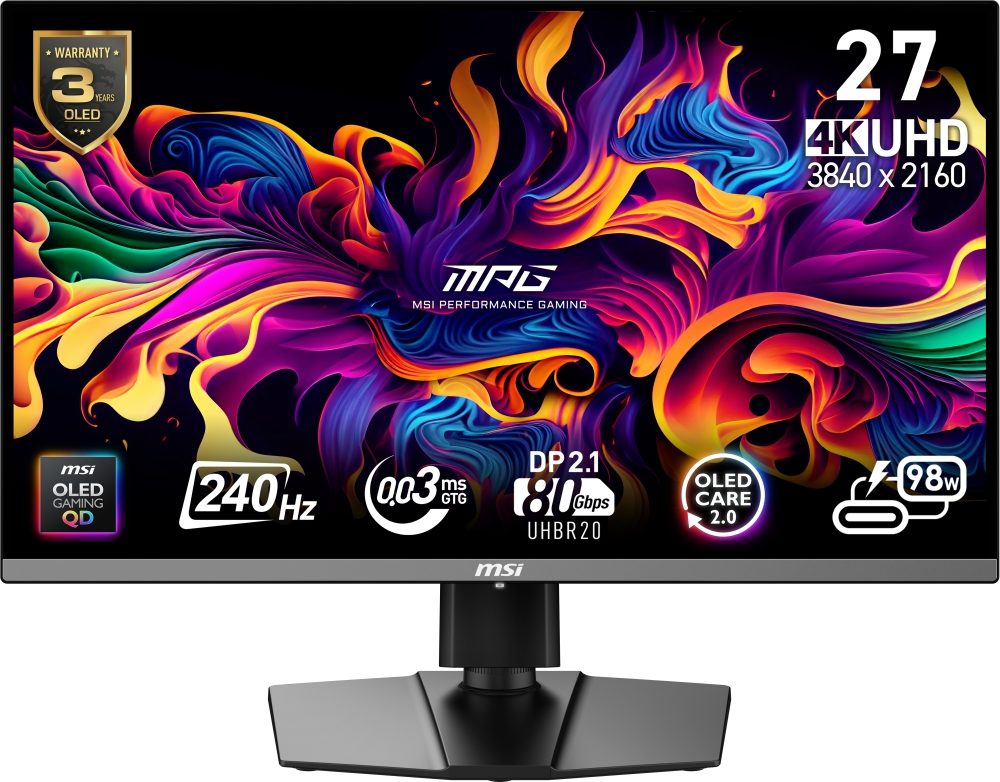 MSI MPG 272URX QD-OLED Gaming Monitor, 26.5", 0.03ms, 240Hz, 3840x2160, G-SYNC, AMD FreeSync Premium Pro, AI Vision, Console Mode, ClearMR 13000, HDR True Black 400, Type-C(98W PD), DP(2.1a), 2xHDMI(2.1), USB Hub, Pivot, Heigh Adj., VESA, Black, 8.1kg