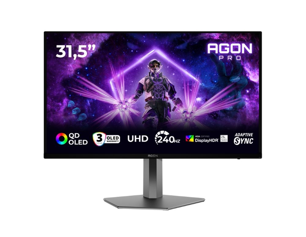 AOC AG326UZD2 31.5" QD-OLED монитор, 3840x2160@240Hz, 0.03ms GtG, 250cd/m² (SDR), 1000cd/m² (HDR), 1 500 000:1, 80M:1, Adaptive Sync, FlickerFree, LowBlue Mode, 8Wx2, Tilt, Height Adjust, Pivot, Swivel, 2xHDMI, DP, USB hub, KVM