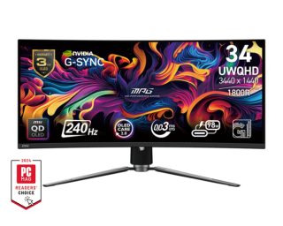 Монитор MSI MPG 341CQPX QD-OLED, 34.18", 0.03ms, 240Hz, 3440x1440 (UWQHD), 21:9, извит 1800R, FreeSync Premium Pro, ClearMR 13000, HDR True Black 400, 1000 нита, 3000:1, DCR 150M:1, DP 1.4a, 2x HDMI 2.1, Type-C DP с PD 98W, USB хъб, регулиране на височината, черен, 8.8kg