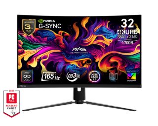 MSI MAG 321CUP QD-OLED монитор, 31.5", 0.03ms, 165Hz, 3840x2160 (UHD), Curve 1700R, G-Sync Compatible, Oled Care 2.0, DisplayHDR 400 True Black, ClearMR 9000, FW UPDATE, Delta E≤2, 1.5M:1, HDMI 2.1, DP 1.4a, TypeC DP w/PD(15W), Регулиране на височина, Черен, 8kg
