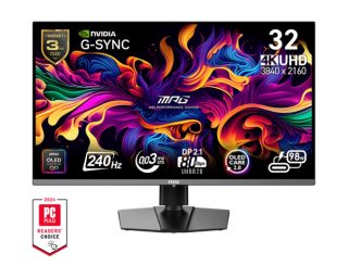 MSI MPG 322URX QD-OLED Gaming Monitor, 31.5", 0.03ms, 240Hz, 3840x2160, G-SYNC, AMD FreeSync Premium Pro, AI Vision, Console Mode, ClearMR 13000, HDR True Black 400, Type-C(98W PD), DP(2.1a), 2xHDMI(2.1), USB Hub, Pivot, Heigh Adj., VESA 100, Black, 9.6k