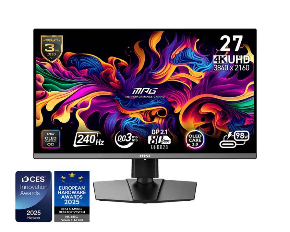 Монитор MSI MPG 272URX QD-OLED, 26.5", 0.03ms, 240Hz, 3840x2160 (UHD), 16:9, Плосък, OLED Care 2.0, G-Sync Compatible, ClearMR 13000, HDR, 1.5M:1, 100M:1, DP(2.1a), 2xHDMI 2.1, 1xTypeC DP alt. w/PD (98W), USB хъб, Pivot, Регулиране на височина, Черен, 8kg