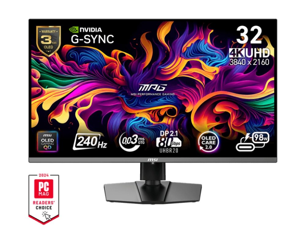 Монитор MSI MPG 322URX QD-OLED, 31.5", 0.03ms, 240Hz, Flat, 3840x2160 UHD, 16:9, G-Sync Compatible, HDR True Black 400, 450 nits, 99% DCI-P3, AG, 1.5M:1, 100M:1, DP(2.1a), 2xHDMI 2.1, 1xTypeC DP alt. w/PD (98W), USB HUB, Pivot, Height Adj., VESA, Black, 9.6kg