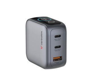 Verbatim Mini GaN зарядно 65W с дисплей + 60W USB-C към USB-C кабел (зареждане и трансфер на данни) Сив