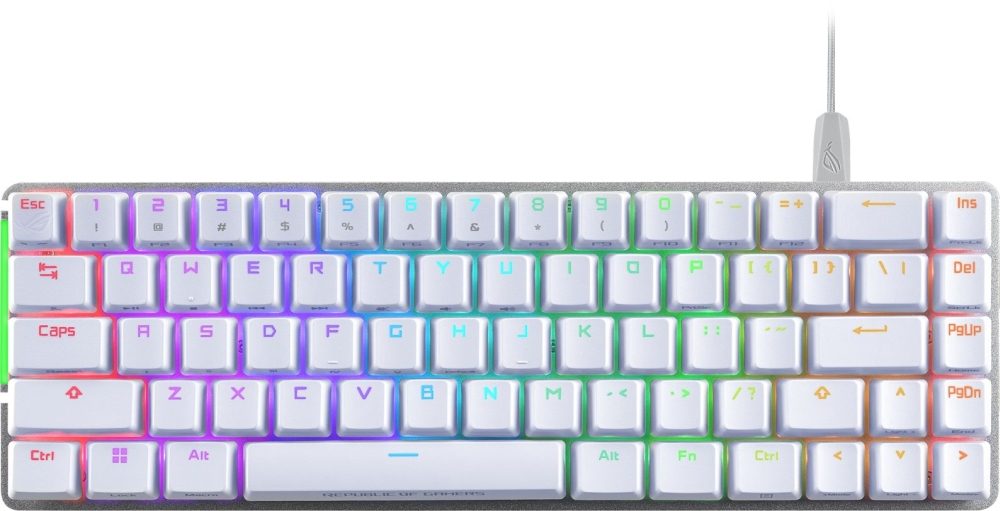 Asus ROG Falchion Ace 65% компактна геймърска клавиатура с предварително смазани механични превключватели ROG NX със стабилизатор ROG switch, звукопоглъщаща пяна, интерактивен сензорен панел, два Type-C порта, три ъгъла на наклон на клавиатурата и защитен калъф, US подредба, Бяла