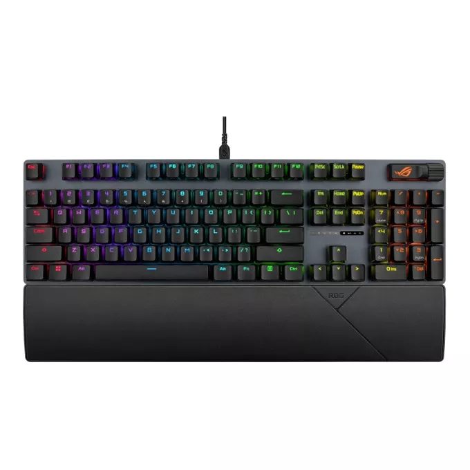 Asus ROG Strix Scope II X гейминг клавиатура с горещо сменяеми ROG NX механични превключватели V2, шумопоглъщаща пяна, PBT двойно формовани клавиши, стрийминг горещи клавиши, многофункционални контроли, три ъгъла на наклон и подложка за китки, черна