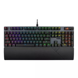 Asus ROG Strix Scope II X гейминг клавиатура с горещо сменяеми ROG NX механични превключватели V2, шумопоглъщаща пяна, PBT двойно формовани клавиши, стрийминг горещи клавиши, многофункционални контроли, три ъгъла на наклон и подложка за китки, черна