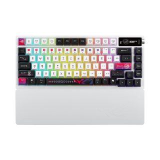Asus ROG Azoth X 75% custom gaming клавиатура, ROG NX Snow V2, dye-sub и полупрозрачни кeycaps, gasket mount, петслойно заглушаване, FR4 платка, south-facing PCB, OLED дисплей и копче, RGB-White