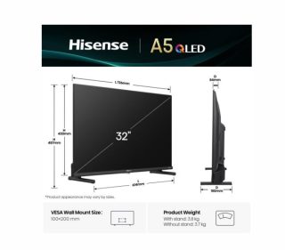 Hisense 32" A5Q, Full HD 1920x1080, QLED, Quantum Dot, HDR, HLG, DTS HD, Light Sensor, Dolby Audio, Smart TV, WiFi, WiFi Direct, 2xHDMI, 2xUSB, LAN, CI+, DVB-T2/C/S2, Черен
