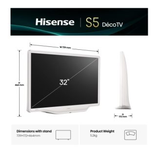 Hisense 32" S5Q, Full HD 1920x1080, QLED, 220 нита, HDR, HLG, DTS HD, Light Sensor, Dolby Audio, Smart TV, WiFi, WiFi Direct, 2xHDMI, 2xUSB, LAN, CI+, DVB-T2/C/S2, Бял