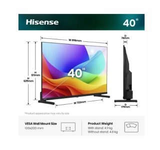 Hisense 40" A5S, Full HD 1920x1080, QLED, Quantum Dot, HDR, HLG, DTS HD, Light Sensor, Dolby Audio, Smart TV, WiFi, WiFi Direct, 2xHDMI, 2xUSB, LAN, CI+, DVB-T2/C/S2, Черен