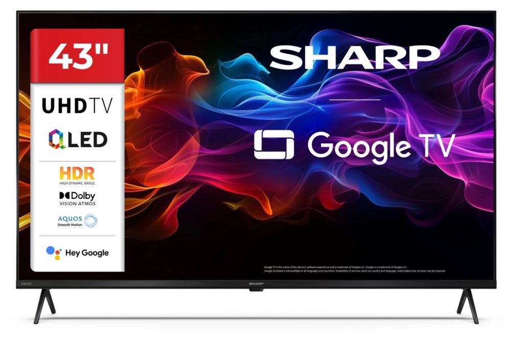 Sharp 43HP5265E, 43" QLED Google TV, 4K Ultra HD 3840x2160 Frameless, 1 000 000:1, AQUOS, DVB-T/T2/C/S/S2, Active Motion 1000, HDR10, Dolby Atmos, Dolby Vision, Google Assistant, Google Cast, HDMI 2.1 with eARC, 3.5mm Headphone jack / line-out, USB, Wi-Fi