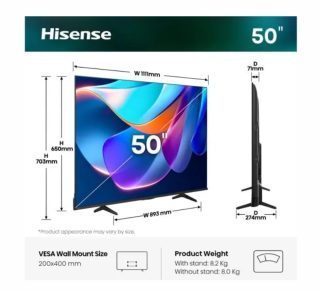 Hisense 50" A6S, 4K Ultra HD 3840x2160, DLED, DFA, Precision Colour, HDR 10+, HLG, Dolby Vision, Light sensor, Smart TV, WiFi, BT, AnyView Cast, Gaming Mode, 1xHDMI2 eArc, 3xHDMI, 2xUSB, LAN, CI+, DVB-T2/C/S2, Black