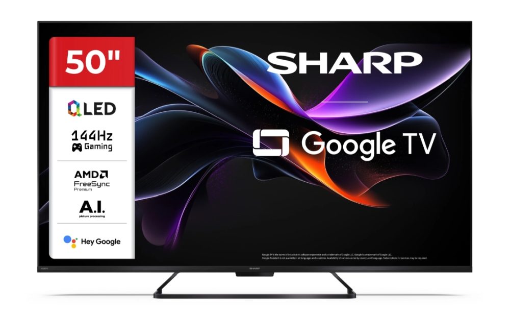 Sharp 50HR7265E, 50" QLED GOOGLE TV, 4K 144Hz Quantum Dot 3840x2160 Frameless, AQUOS AI, DVB-T/T2/C/S/S2, Active Motion 1400, HDR10, Dolby Atmos, Dolby Vision, DTS:X, Google Assistant, HDMI eARC, Mini Composite/CVBS + Audio input, USB, Wi-Fi, Bluetooth