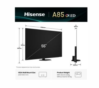 Hisense 55" A85Q, 4K UHD OLED Smart TV, 120Hz, 1000 nits, HDMI 2.1, Game Mode Pro, AMD FreeSync Premium, Dolby Vision IQ & Atmos, Bluetooth, Alexa Built-in, Black