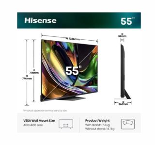 Hisense 55" UR8S 4K Ultra HD 3840x2160 RGB Mini LED DLED Quantum Dot 180Hz IPS HDR10+ HLG Dolby Vision IQ Dolby Atmos Smart TV