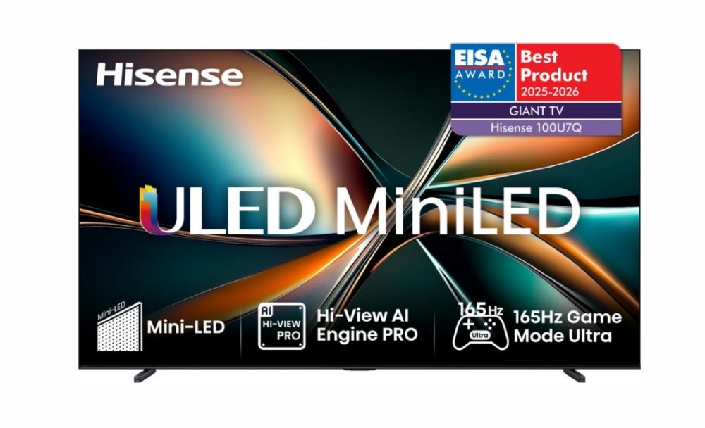 Hisense 100U7Q 100" ULED Smart телевизор, FALD, 165Hz, 5000:1, Quantum Dot, Dolby Vision IQ, Vidaa, ADS, Черен