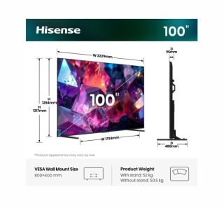Hisense 100E7S_PRO 100" QLED Smart телевизор, FALD, 144Hz, 5000:1, Quantum Dot, Dolby Vision, Vidaa, ADS, Черен