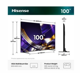 Hisense 100" U7S PRO ULED-Pro Smart TV, FALD, 165Hz, 5000:1, Quantum Dot Pantone, Dolby Vision IQ, Vidaa, ADS, 4x HDMI 2.1, 2.1.2 60W Devialet, Черен