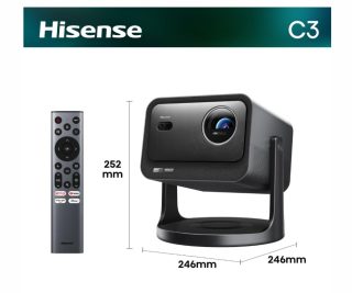 Hisense C3 Smart мини лазерен проектор, 4K Ultra HD 3840x2160, 2000:1, 2500 лумена, 60 Hz, Digital Zoom, Dolby Vision, HDR10+ (декодиране), HDR10, HLG, 2*10W, сребрист