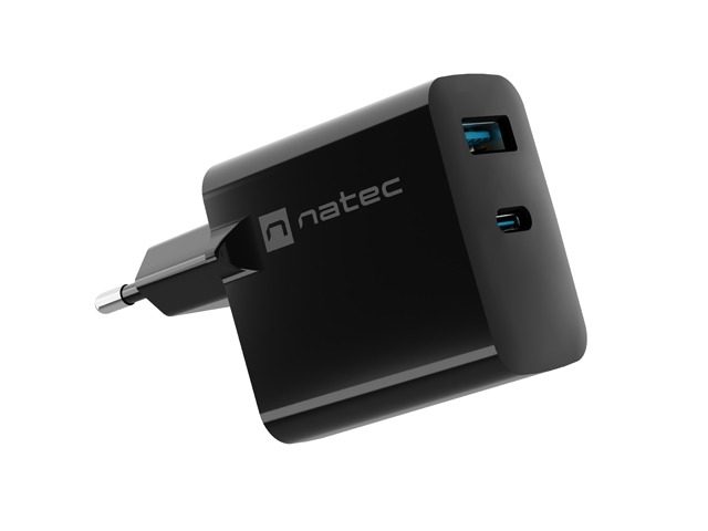 Natec USB Charger Ribera GaN 1X USB-A + 1X USB-C 65W, Черен
