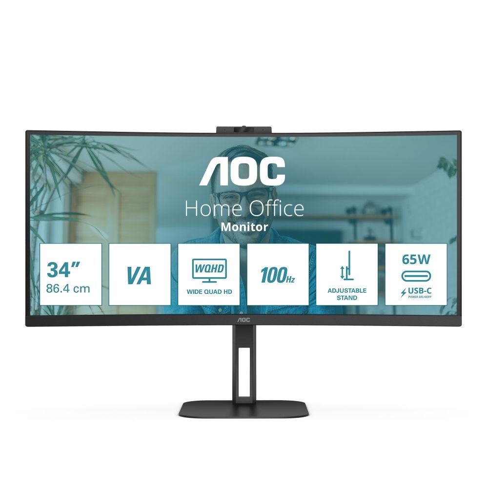 Монитор AOC CU34V5CW/BK, 34" Curved 1500R, VA, WLED, 3440x1440@100Hz, 4ms GtG, 1ms MPRT, 300cd/m², 3000:1, 20M:1 DCR, Adaptive Sync, FreeSync, Low Blue Light, 5Wx2, 2MP Webcam, Tilt, Height Adjust, Swivel, HDMI, DP, USB hub