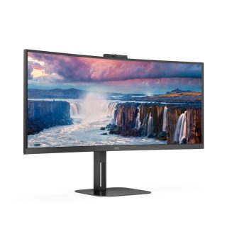 Монитор AOC CU34V5CW/BK, 34" Curved 1500R, VA, WLED, 3440x1440@100Hz, 4ms GtG, 1ms MPRT, 300cd/m², 3000:1, 20M:1 DCR, Adaptive Sync, FreeSync, Low Blue Light, 5Wx2, 2MP Webcam, Tilt, Height Adjust, Swivel, HDMI, DP, USB hub