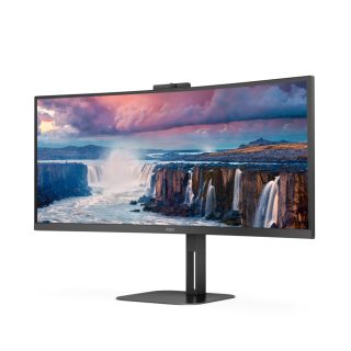 Монитор AOC CU34V5CW/BK, 34" Curved 1500R, VA, WLED, 3440x1440@100Hz, 4ms GtG, 1ms MPRT, 300cd/m², 3000:1, 20M:1 DCR, Adaptive Sync, FreeSync, Low Blue Light, 5Wx2, 2MP Webcam, Tilt, Height Adjust, Swivel, HDMI, DP, USB hub