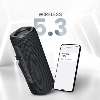 HiFuture Alpha Black преносима тонколона, Bluetooth 5.3, IPX7 водоустойчива, 20W изход, Pair to Play (TWS режим), до 12 часа възпроизвеждане, вграден 2-в-1 усилвател
