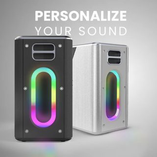 HiFuture MusicBox Silver, 3-посочна тонколона, 100W изходна мощност, вградена DynaBoost бас технология, вграден DC12V захранващ порт за непрекъсната игра, караоке танцуващи светлини, до 8 часа възпроизвеждане, Bluetooth 5.3, Pair to Play (TWS режим)