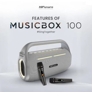 HiFuture MusicBox100 Silver, 20W изход, караоке, два безжични микрофона, батерия 4000mAh (поддържа power bank), RGB осветление, Pair to Play (TWS режим), Bluetooth 5.3