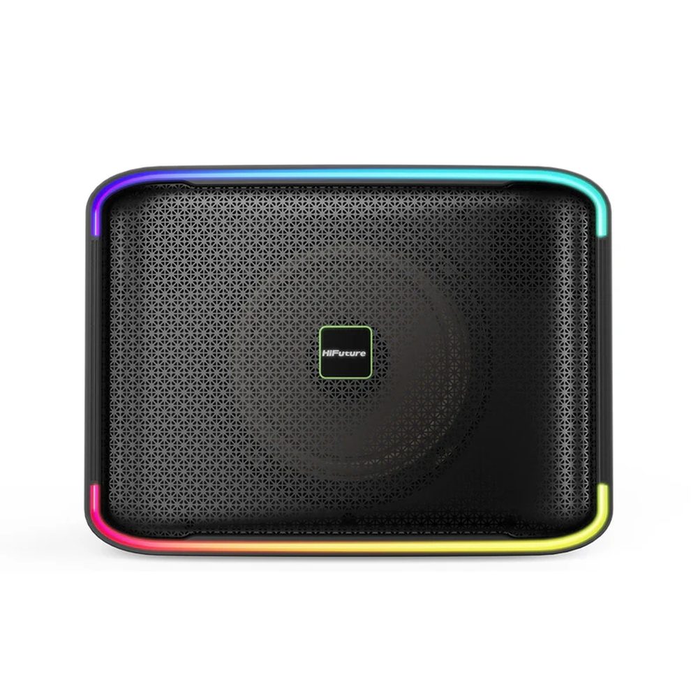 HiFuture Event Horizon Black, 3-лентова говорителна система, 100W изходна мощност, вградена DynaBoost бас технология, вграден DC12V захранващ конектор за непрекъсната игра, активиране на караоке танцова светлина, до 8 часа възпроизвеждане, Bluetooth 5.3, Pair to Play (TWS режим)