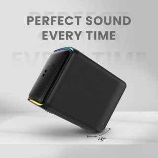 HiFuture Event Horizon Black, 3-лентова говорителна система, 100W изходна мощност, вградена DynaBoost бас технология, вграден DC12V захранващ конектор за непрекъсната игра, активиране на караоке танцова светлина, до 8 часа възпроизвеждане, Bluetooth 5.3, Pair to Play (TWS режим)