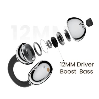 HiFuture FlexClip Black, Open Ear Comfort, Bluetooth 5.4, 4 Mics ENC Calling System, Playtime up to 30 Hours, IPX5 Waterproof, 12mm Driver Bass Boost