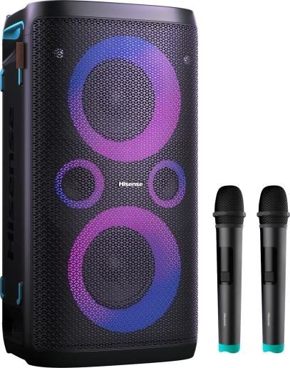 Hisense Party Rocker One Plus (HP110) Bluetooth високоговорител с 300W мощност, вграден субуфер, караоке режим, вградена безжична зарядна подложка, AUX вход и изход, USB, 15-часова дълготрайна батерия 4 x 2500Ah, включени 2 микрофона, черен