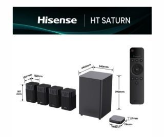 Hisense HT Saturn, 4.1.2Ch Sound Bar с безжичен субуфер, 720W, Dolby Atmos, настроен от Devialet, DTS:X, четири сателитни говорителя, черен