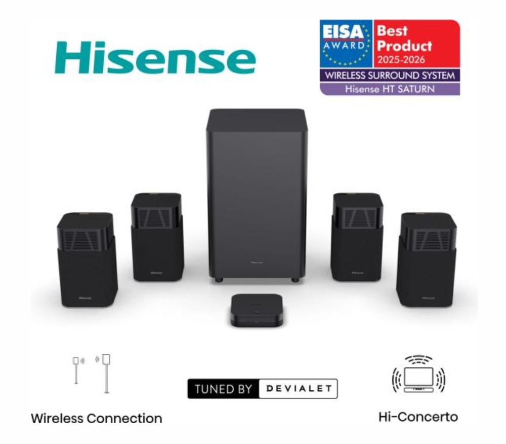 Hisense HT Saturn, 4.1.2Ch Sound Bar с безжичен субуфер, 720W, Dolby Atmos, настроен от Devialet, DTS:X, четири сателитни говорителя, черен