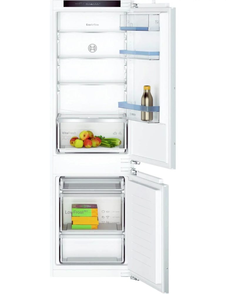 Bosch KIV86VFE1 SER4 вграден хладилник с фризер, LowFrost, E, 177,2 cm, 267 л (191+76), 35 dB(B), VitaFresh XXL, EcoAirflow, дисплей, BigBox, плъзгаща се панта